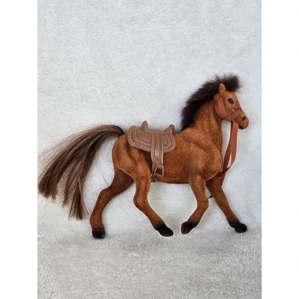 Vintage Flocked Brown Horse Figurine with Saddle and Bridle Toy 5 Inch